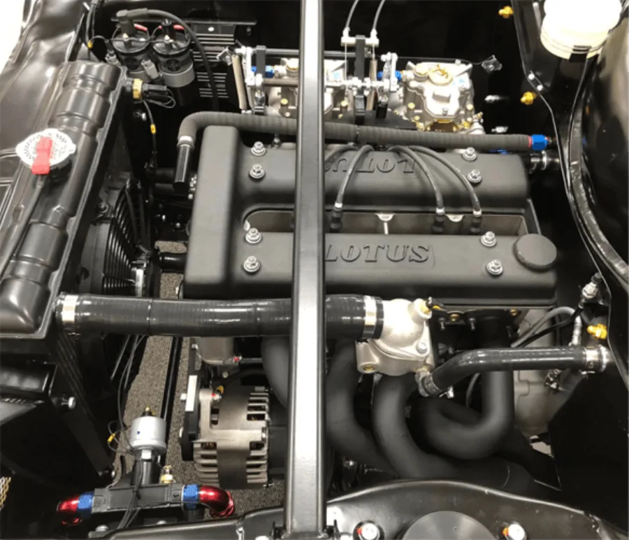 Lotus twin cam engine with black coated cam cover