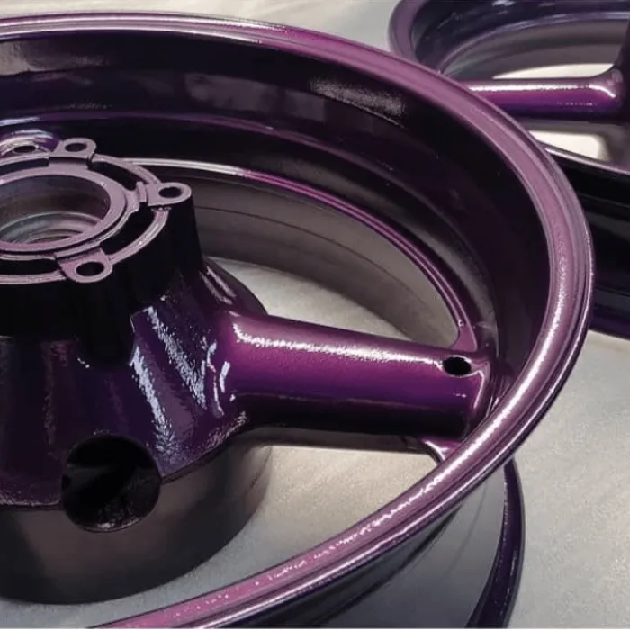 Powder coated motorcycle wheels in purple